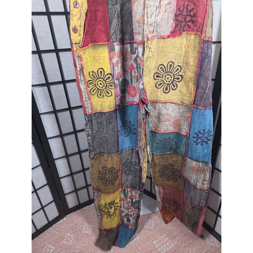 Rhea Patchwork Overalls Womens Boho Corduroy Sun Mushroom Print Multi Color - Picture 5 of 7